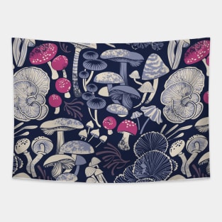 Mystical fungi // midnight blue background ivory pale blue and dark pink wild mushrooms Tapestry