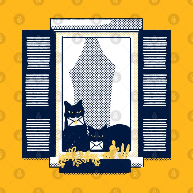 Windowsill cats - Black cat duo on a tipical italian window in a "Milano yellow" building holding le by tostoini