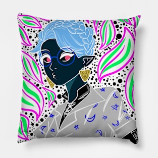 dark witch in blue glasses in boho style pattern ecopop Pillow