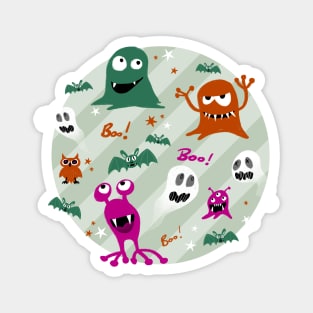 Boo! Very spooky monsters on green stripes Magnet