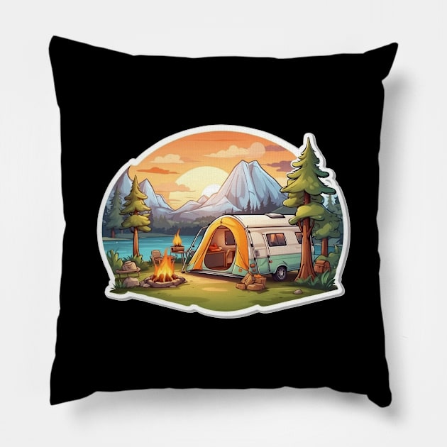 Camping Tent Since Vintage Since Established Sunset Pillow by Flowering Away