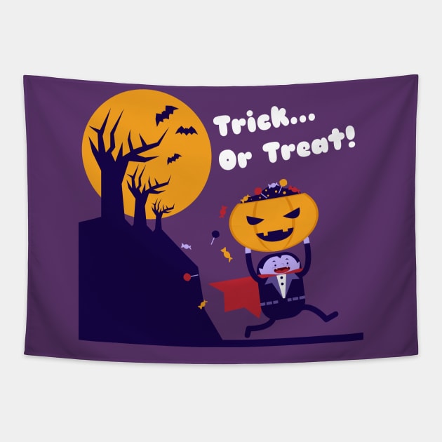 Cute Dracula running bring a lot of candy on Halloween Jack O Lantern. Tapestry by erwinwira