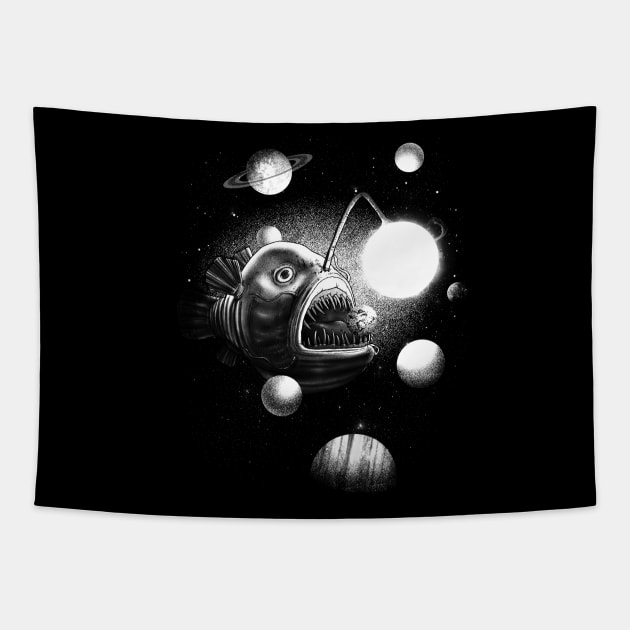 Cosmic Anglerfish (black and white version Tapestry by jonah block