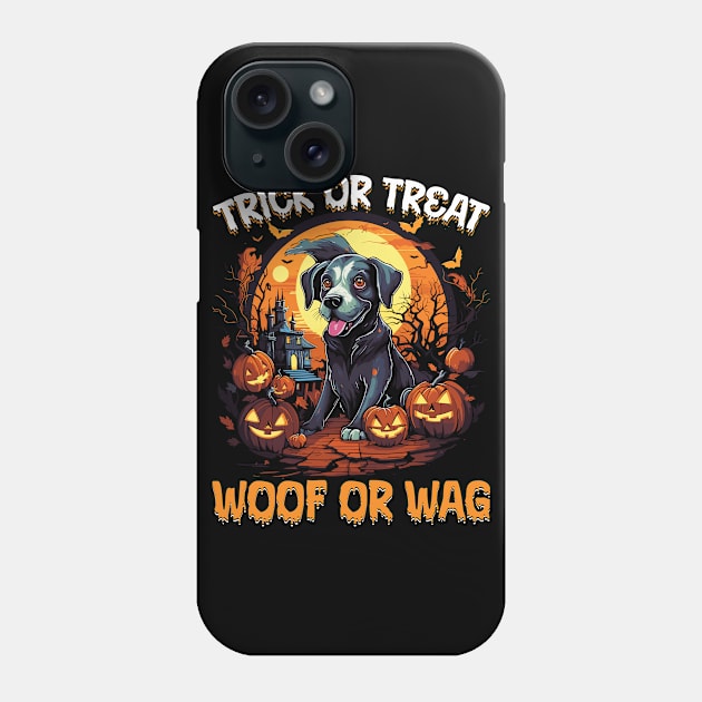 Trick or Treat Woof or Wag Funny Dog Halloween Phone Case by Rosemat