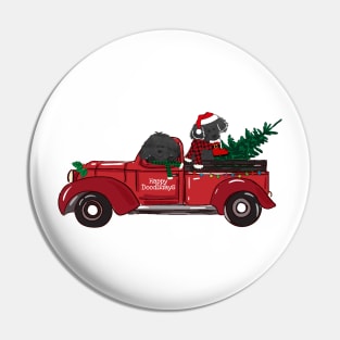 Cartoon Labradoodles Vintage Red Christmas Truck Pin