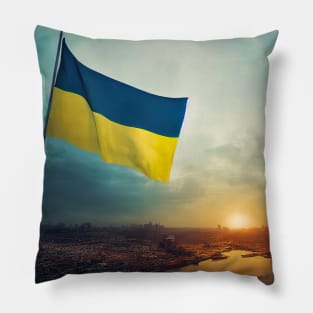 Ukrainian flag on a city , Free city's of Ukraine , Ukraine is winning 3d illustrated Pillow