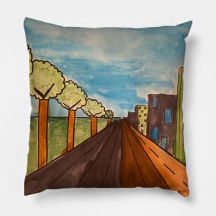 City scape trees pink building Pillow