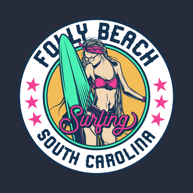 Retro Surfer Babe Badge Folly Beach South Carolina by Now Boarding