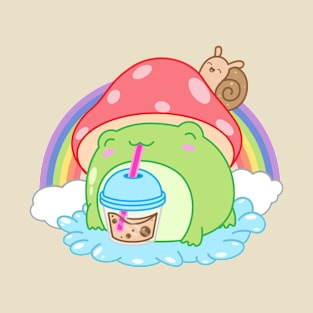 Cottagecore Mushroom Boba Tea Drinking Frog Rainbow Snail T-Shirt