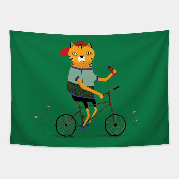 cat on bike Tapestry by sezindarendeillustrations