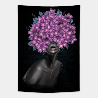 Black and white girl with color beautiful flowers in her head. Tapestry