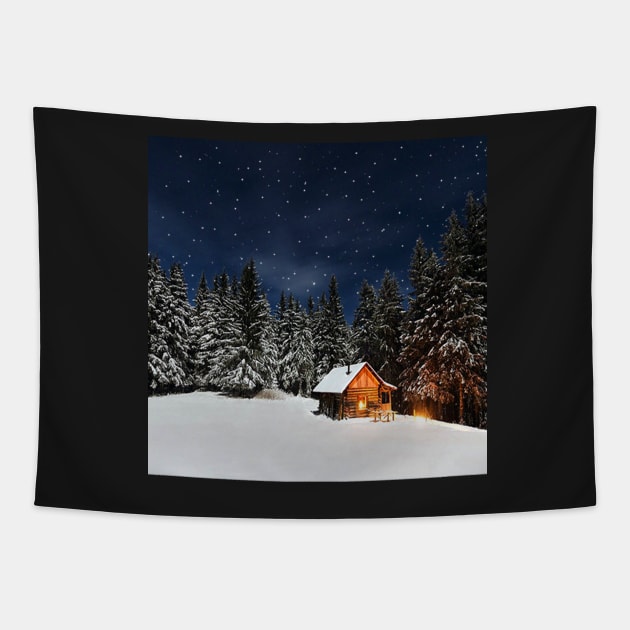 Winter Cozy Cabin in Snow Pine Trees Mountain Peaceful Landscape Art Tapestry by tamdevo1