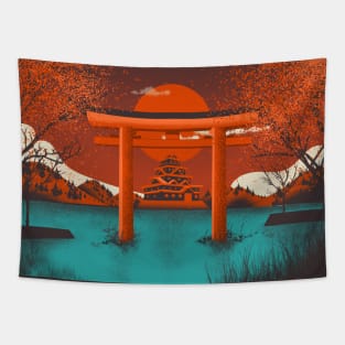 Japanese Sunset in pacific ocean landscape Tapestry