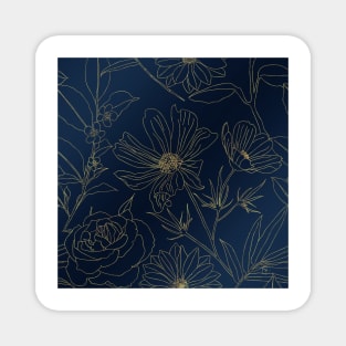 Elegant Blue Gold Flowers Line Art Magnet