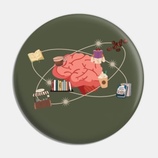 Coffee and Reading - coffee and book elements orbiting a brain Pin