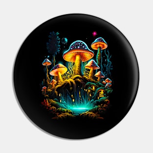 Cottagecore Psychedelic Colors Moon Mushroom Village Pin