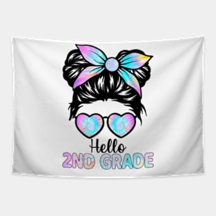 Hello 2nd Grade Messy Hair Bun Girl Back To School First Day Tapestry