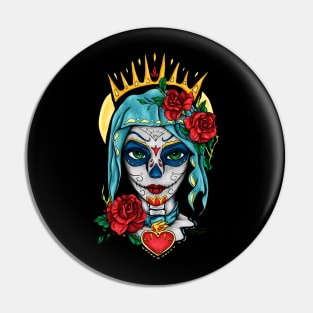 Santa muerte portrait with red roses Pin