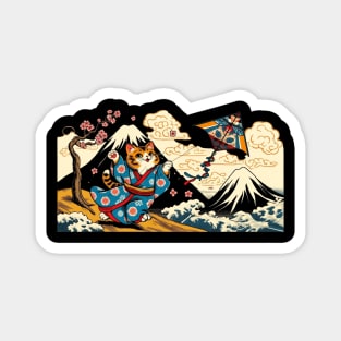 Vintage Japanese Art Kite Lover Mountain Mt. Fuji Cute Cat Magnet