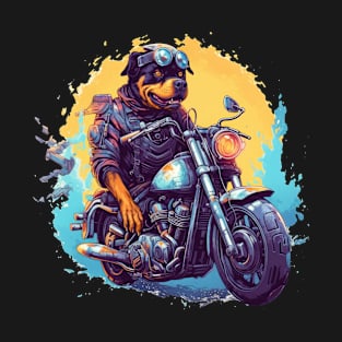 A whimsical t-shirt design featuring a Rottweiler Dog on a quirky motorcycle T-Shirt