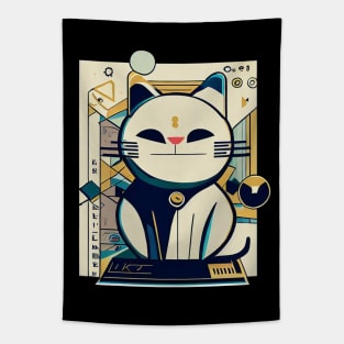 Cute lucky cat | Black, blue, and yellow Tapestry