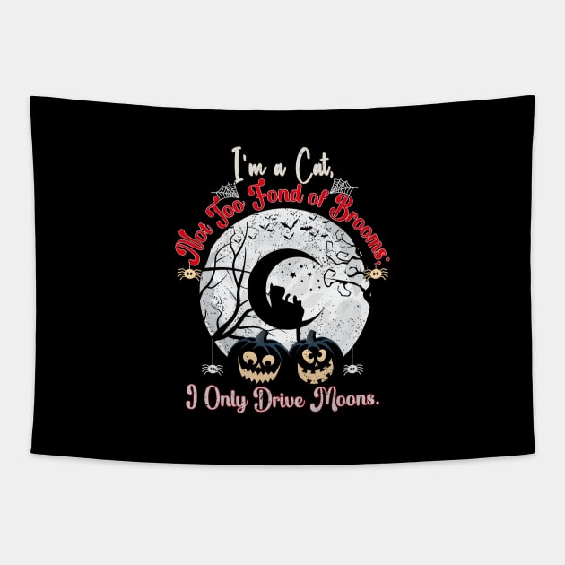 Funny Halloween Design Cat Drives a Moon It's Not Too Fond of Brooms. Tapestry by Best1ne