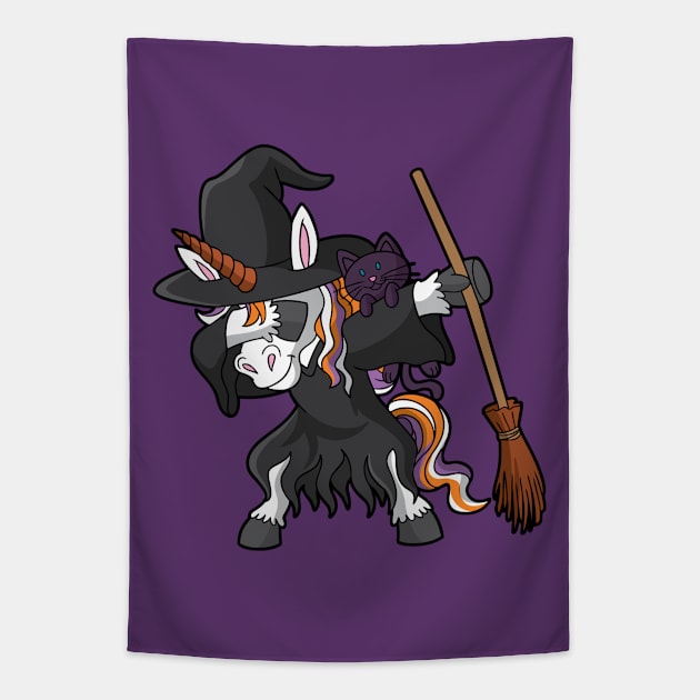 Dabbing Unicorn Witch Halloween Tapestry by E