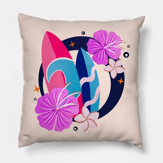 Retro surfboards badge - pink and navy blue Pillow by Home Cyn Home 