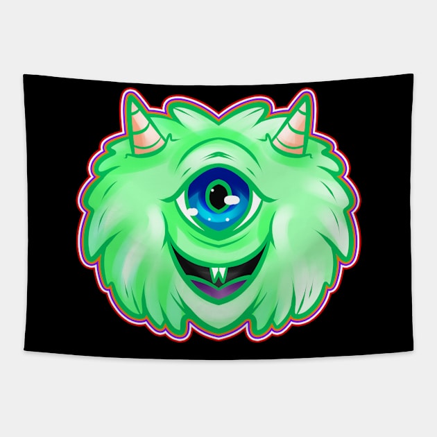 Fluffy Green One Eyed Monster With Horns Halloween Tapestry by SinBle