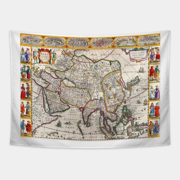 Henricus Hondius - Asia Map Circa 1631 -  Ancient Maps Tapestry by Culturio