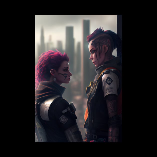 Futuristic Lesbian Lovers Embrace Over City Skyline by Cyber Punks AI