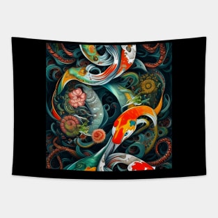 Beautiful Abstract Floral Yin Yang Of Koi Fish Tapestry