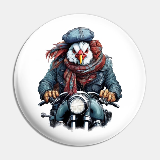 chicken wearing a jackets hat and a scarf on a motorcycle Pin by JnS Merch Store