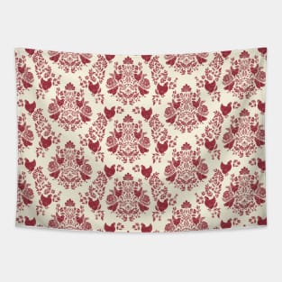 Damask Pattern with Chickens in Cranberry Red Tapestry