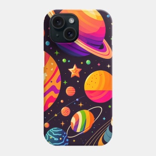 Cosmic Harmony: Brightly Colored Flat Vector Illustration of Planets and Stars in the Solar System Phone Case