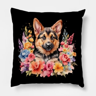 A german shepherd decorated with beautiful watercolor flowers Pillow