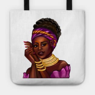 Afro Queen Black is beautiful anime manga black girl with Gold bangles, neck ring necklace, purple dress and head wrap, brown eyes and dark brown skin ! Tote