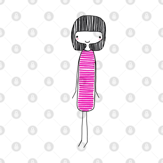 CUTE GIRL WITH BLACK HAIR IN PINK DRESS - Line Drawing by VegShop