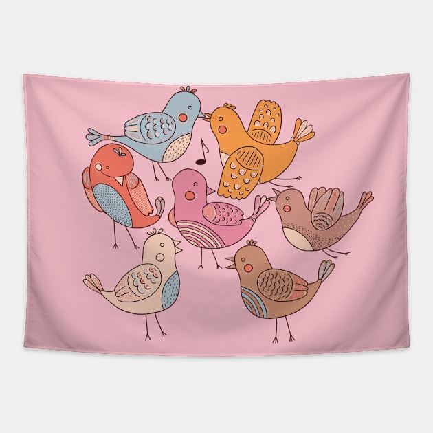 Sketch Cute Birds Colorful Tapestry by Mako Design 