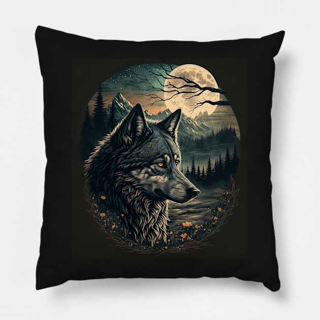 Wolf with moon Pillow by KoolArtDistrict