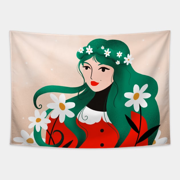 Spring lover girl with white flowers, version 3 Tapestry by iulistration