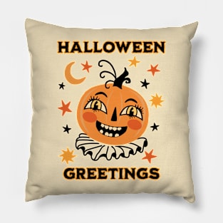 Vintage Halloween Greetings Folk Art Retro Jack O Lantern Pumpkin Pillow