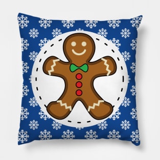 Gingerbread Man on Blue White Snowflakes Pattern Pillow