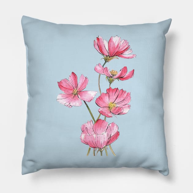 Pink Cosmos Flowers Watercolor Painting Pillow by Ratna Arts