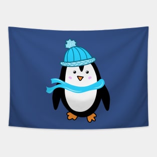 Festive Winter Penguin with Blue Knit Hat and Scarf, made by EndlessEmporium Tapestry