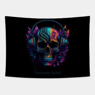 Psychedelic Skull Wearing Headphones Tapestry