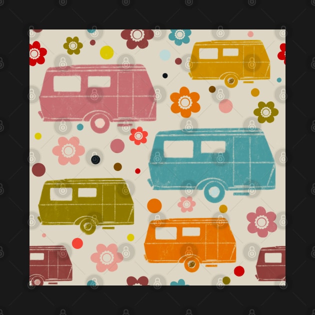 Colourful Vintage Caravans and Flowers Pattern by NattyDesigns