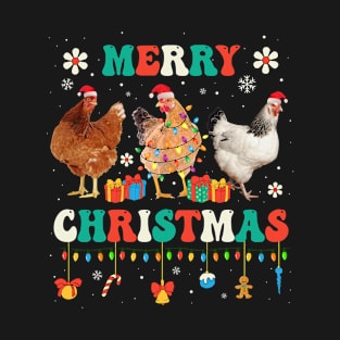 Merry Christmas Chicken Groovy Santa Hat Lights Xmas Farmers T-Shirt