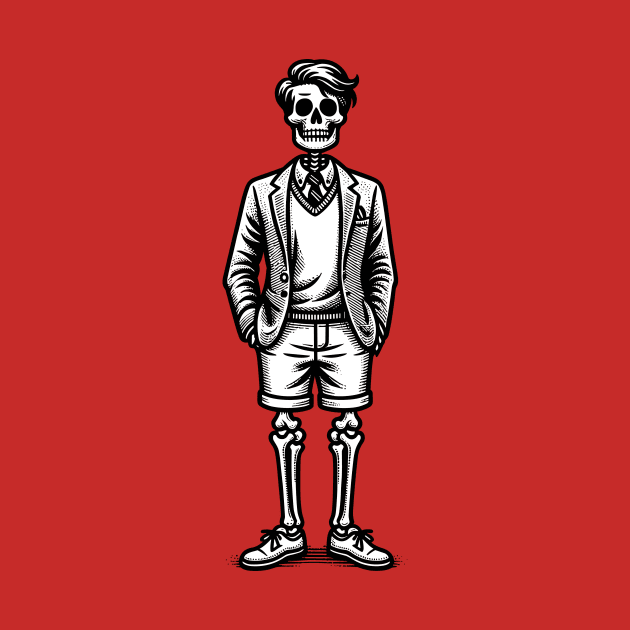 Preppy Skeleton - Black and White Line Drawing by Quirk Print Studios 
