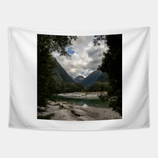River with a View on a Mountain Framed by Trees Tapestry